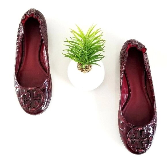 Tory Burch Reva Croc Embossed Patent Slip On Ballet Flats Size 6 Burgundy Red - Picture 10 of 11